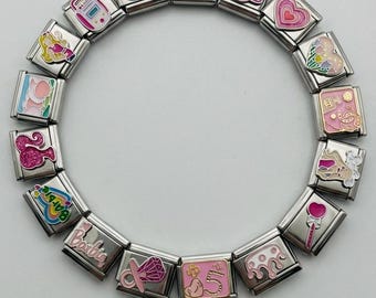 Pink Y2K Italian Charm Bracelet | Retro Fashion Doll Aesthetic Modular Link Custom Enamel Stainless Steel Trendy Spring Gift For Her