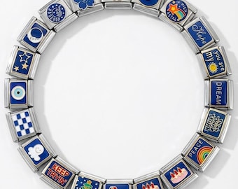 Blue Italian Charm Bracelet | Evil Eye Celestial Moon Star Modular Links Custom Enamel Stainless Steel Y2K Jewelry Birthday Gift