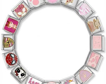Pink Y2K Italian Charm Bracelet | Kawaii Superhero Cartoon Modular Links Custom Enamel Stainless Steel Trendy Spring Easter Gift For Her