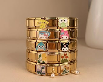 Italian Charm Bracelet Custom Modular Links | Kawaii Enamel Spring Floral Jewelry Cute Anime Stainless Steel Easter Gift