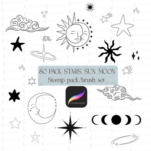 May include: A digital stamp and brush set with celestial designs. The image shows black and white illustrations of stars, moons, suns, and clouds. Text reads "80 PACK STARS, SUN, MOON Stamp pack/brush set" and "FOR PROCREATE".