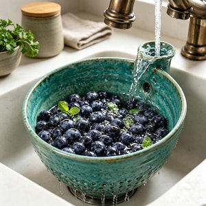 May include: A round, teal ceramic colander filled with fresh blueberries being rinsed under a stream of water from a bronze faucet. The bowl features a textured surface with small drainage holes and a wide rim, holding the fruit while water flows.