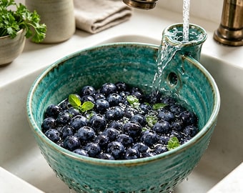 Kiln Fired Ceramic Berry Drain Bowl, Perforated Fruit Filter Tray, Rotating Wash Colander, Kitchen Decor Gift Birthday Present