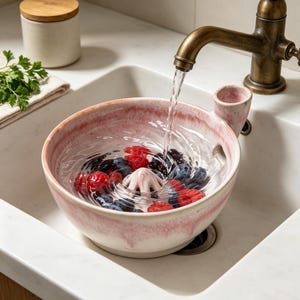 Bol de cerámica esmaltada para lavar bayas, diseño de bandeja de drenaje con flujo de agua, colador de frutas para cocina, regalo de cumpleaños, regalo de cocina