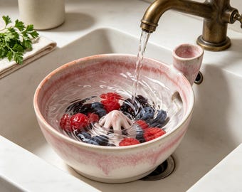 Bol de cerámica esmaltada para lavar bayas, diseño de bandeja de drenaje con flujo de agua, colador de frutas para cocina, regalo de cumpleaños, regalo de cocina