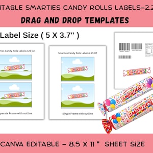 Puede incluir: Plantillas digitales editables para etiquetas de rollos de caramelos Smarties de 64g que miden 12,7 por 9,4 cm en una hoja de 21,6 por 27,9 cm. El diseño incluye un gráfico de cielo y hierba, código de barras e información nutricional.