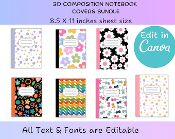 Paquete de 30 portadas editables para cuadernos de composición en Canva / Vuelta al cole / Plantillas imprimibles / Diseños de portadas para diarios, agendas y libros (digitales)