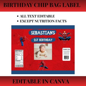 Spiderman chip bag template bundle including 2 editable Canva designs for birthday party snack wrappers and favor bags.