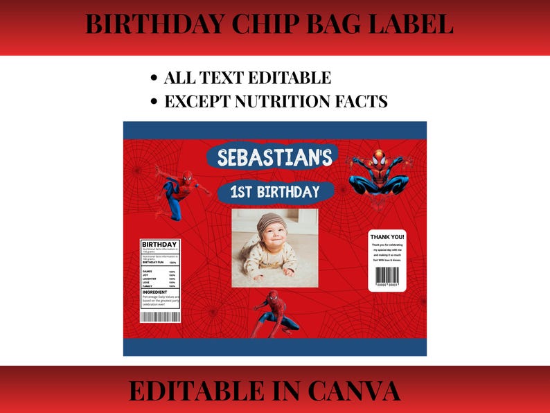 Spiderman chip bag template bundle including 2 editable Canva designs for birthday party snack wrappers and favor bags.