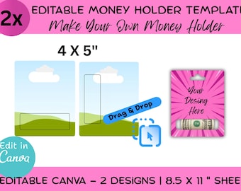 Plantilla editable de Canva para tarjeta portamonedas, portatarjetas de regalo para dinero, sobre para efectivo imprimible para hacer tú mismo, diseño de arrastrar y soltar.