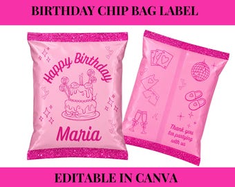 Bolsa rosa para patatas fritas de cumpleaños, plantilla editable y personalizada de Canva, recuerdo de fiesta, imprimible, etiqueta para bolsa de dulces.