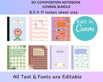 30 portadas editables para cuadernos de composición en Canva / Portadas para agendas y planificadores de regreso a clases / Plantillas con estampado de cuadros y estética / Descarga instantánea