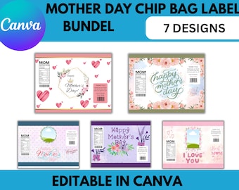 Mother's Day Chip Bag Template Bundle, Floral Party Favor, Personalized Mom Grandma Treat Wrappers, Editable Canva Template, Snack Labels