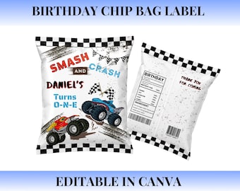 Monster Truck Chip Bag Template, First Birthday Boy Party Favor, Editable Canva Template, Monster Truck Party Treat Bag, Instant Download
