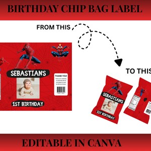 Two Spiderman-themed chip bag labels with customizable text, printable birthday treat bag templates for kids.
