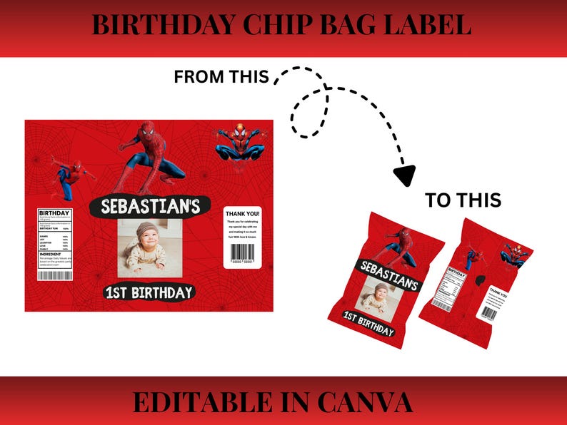 Two Spiderman-themed chip bag labels with customizable text, printable birthday treat bag templates for kids.