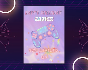 Tarjeta de cumpleaños para gamers / Plantilla de videojuego Level Up / Plantilla editable de Canva / Descarga digital (5x7 y 10x7 pulgadas)