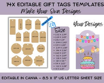 Paquete de plantillas editables de etiquetas de regalo de Canva, diseño de marco para etiquetas de regalo, plantilla de etiqueta imprimible para fiestas, plantilla de etiqueta colgante, etiquetas de regalo en blanco, digitales