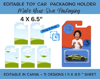 Plantilla editable para portatarjetas de juguetes con forma de coche, ideal para fiestas infantiles. Plantilla de Canva (descarga instantánea).