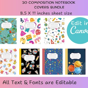 Könnte beinhalten: Ein Bundle von Collegeblöcken mit farbenfrohen Umschlägen. Die Notizbücher haben verschiedene Designs, darunter Illustrationen zum Thema Wissenschaft, Cartoon-Charaktere und Schulmaterialien. Jedes Notizbuch ist 21,6 x 27,9 cm groß. Der Text auf dem Bild lautet "30 Composition Notebook Covers Bundle" und "All Text & Fonts are Editable."