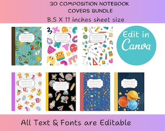 Paquete de portadas para cuadernos de composición para la vuelta al cole / Plantilla editable de Canva / 30 portadas imprimibles / Diseño de aula con estampado sin costuras