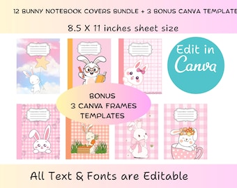 12 portadas de cuadernos de composición con conejitos / Portadas de cuadernos de composición kawaii / Plantillas editables de Canva para imprimir (descarga instantánea)