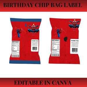 Bundle of 2 Spiderman chip bag wrapper designs for birthday parties, printable snack bag labels editable with Canva.
