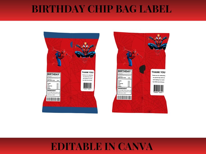 Bundle of 2 Spiderman chip bag wrapper designs for birthday parties, printable snack bag labels editable with Canva.