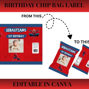Editable Spiderman birthday chip bag template set with two unique superhero snack wrapper designs for party favors.