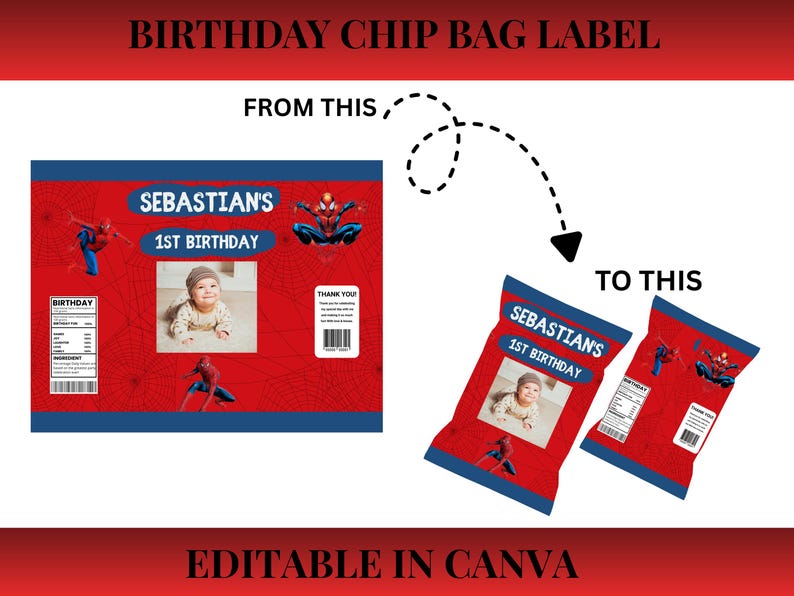 Editable Spiderman birthday chip bag template set with two unique superhero snack wrapper designs for party favors.