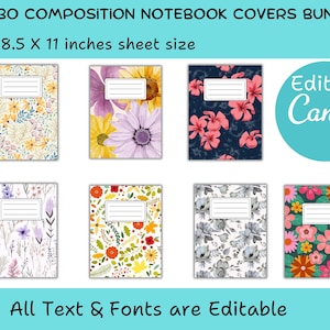 30 Editable Composition Notebook Cover Bundle | Floral Notebook Canva Template | Back to School Printable Journal & Planner Covers