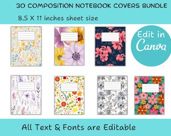 Paquete de 30 portadas editables para cuadernos de composición / Plantilla Canva para cuadernos florales / Portadas imprimibles para diarios y agendas de regreso a clases