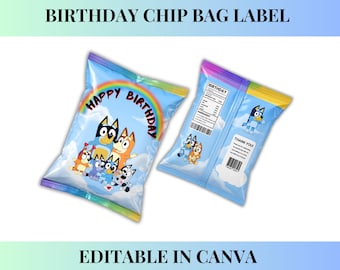 Editable Bluey Chip Bag Template, Bluey Chip Bag Wrapper, Bluey Snack Wrapper, Bluey Snack Label Bluey Chip Bag Label, Canva Template