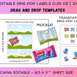 May include: Editable Ring Pop labels for 0.35 oz packages, featuring drag and drop templates, a transparent logo, and a mockup. The sheet size is 8.5 x 11 inches, with individual label sizes of 4.8 x 6.6 inches, designed for Canva editing.