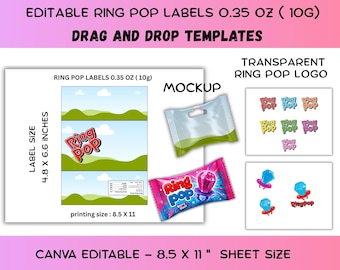 May include: Editable Ring Pop labels for 0.35 oz packages, featuring drag and drop templates, a transparent logo, and a mockup. The sheet size is 8.5 x 11 inches, with individual label sizes of 4.8 x 6.6 inches, designed for Canva editing.