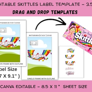 Puede incluir: Una plantilla de etiqueta Skittles editable para cajas de 3.5 oz, con un diseño de 5.7 por 9.1 pulgadas en una hoja de 8.5 por 11 pulgadas. El diseño incluye un arcoíris, colinas verdes y un tema de fiesta de spa con la marca Skittles.