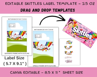 Scatola per Skittles da 3,5 oz - Modello modificabile, Modello di etichetta vuota, Modello di scatola per caramelle, Scatola per caramelle per festa di compleanno, Scatola per Skittles personalizzata su Canva