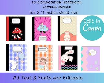 Paquete de portadas editables para cuadernos de composición / 20 diseños / Plantilla de Canva / Portadas para la vuelta al cole / Diario imprimible (Descarga instantánea)