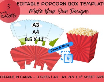 Paquete de plantillas editables para cajas de palomitas de maíz, plantillas para cajas de snacks, recuerdos de fiesta, plantillas para Canva (descarga instantánea)