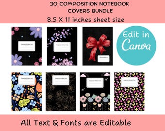 Paquete de portadas minimalistas para cuadernos de composición, plantilla editable de Canva, portadas florales para diarios y agendas, regreso a clases (descarga instantánea)