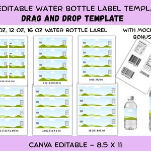 Può includere: Un set di modelli modificabili per etichette di bottiglie d'acqua con cielo azzurro e colline verdi. Include varie dimensioni per bottiglie da 237 ml, 355 ml e 473 ml, un mockup nutrizionale e codici a barre su un foglio da 21,6 x 27,9 cm.