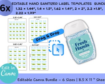 Plantillas de etiquetas para desinfectante de manos con función de arrastrar y soltar / 6 tamaños / Etiquetas para botellas de desinfectante de manos / Descarga digital imprimible / Plantilla editable de Canva