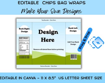 Plantilla para bolsa de patatas fritas. Envoltorio en blanco para bolsas de patatas fritas para fiestas de cumpleaños. Recuerdos de fiesta imprimibles. Plantilla editable de Canva. Arrastrar y soltar.