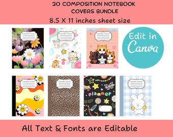 Paquete de portadas para cuadernos de composición, plantilla editable de Canva, imprimible para la vuelta al cole, diseños florales y de leopardo, portadas modernas.