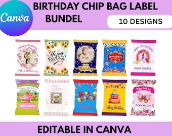 Paquete de 10 etiquetas para bolsas de papas fritas, plantillas editables de Canva, bolsas para regalos de fiesta, envoltorios para bolsas de papas fritas de cumpleaños, descarga instantánea.
