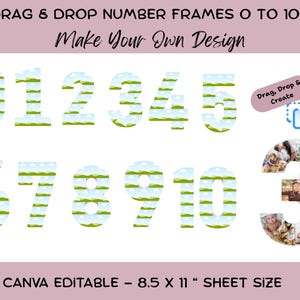 May include: Digital drag and drop number frames 0 to 10 featuring a sky and landscape pattern. Includes a sample number 3 filled with various family photos. Text reads: DRAG & DROP NUMBER FRAMES 0 TO 10, Make Your Own Design, Drag, Drop & Create, CANVA EDITABLE - 8.5 X 11 " SHEET SIZE.