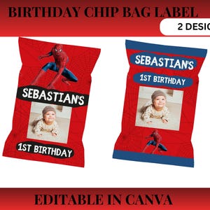 Two editable Spiderman chip bag templates featuring superhero-themed designs, customizable birthday party favor snack wrappers in Canva.