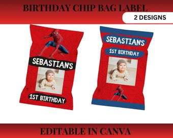 Plantilla editable para bolsa de papas fritas de Spiderman, envoltorio para bolsa de papas fritas de Spiderman, envoltorio para snacks, etiqueta para snack de Spiderman, etiqueta para bolsa de papas fritas, plantilla de Canva