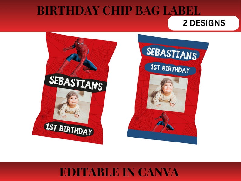 Two editable Spiderman chip bag templates featuring superhero-themed designs, customizable birthday party favor snack wrappers in Canva.