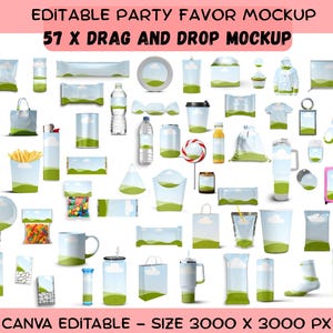 May include: A collection of 57 editable party favor mockups featuring a landscape design with blue skies and green hills. The image includes various items like bags, bottles, cups, boxes, and apparel, labeled as EDITABLE PARTY FAVOR MOCKUP.
